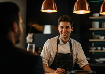 Chef Smiles While Talking to a Customer