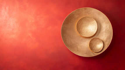 Fototapeta premium Elegant decorative bowls displayed on warm red wall interior design artistic arrangement modern aesthetic close-up view