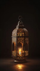 A beautifully designed lantern casting a warm glow in a dark setting.