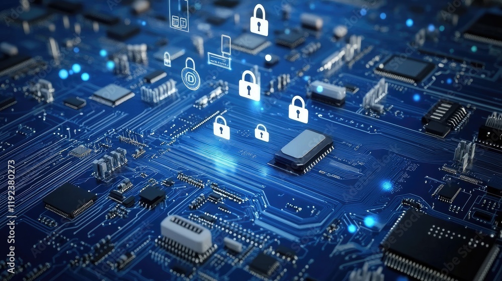 Poster cybersecurity shield: a close-up shot reveals a circuit board's intricate network, with glowing padl