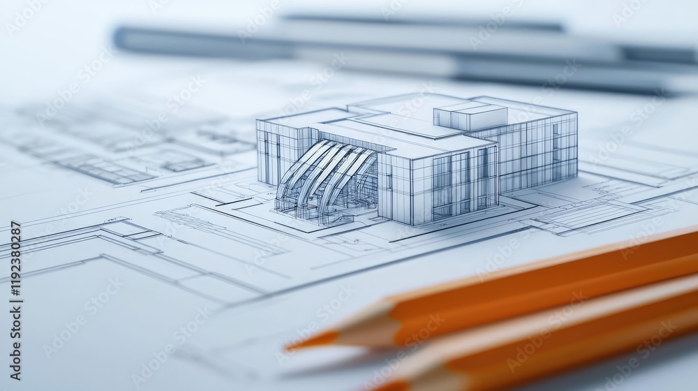 Poster architect blueprint concept. architectural blueprint with a model and colored pencils for design inn
