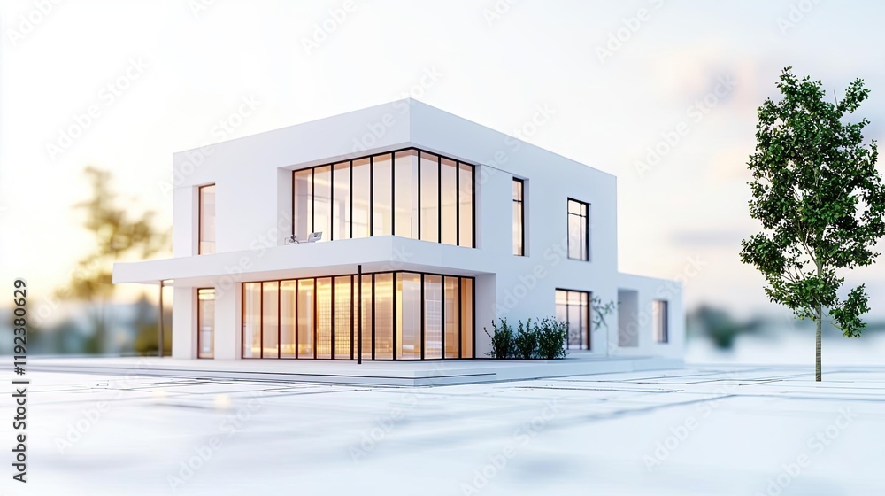Poster architect blueprint concept. modern architectural design featuring large windows and clean lines at 