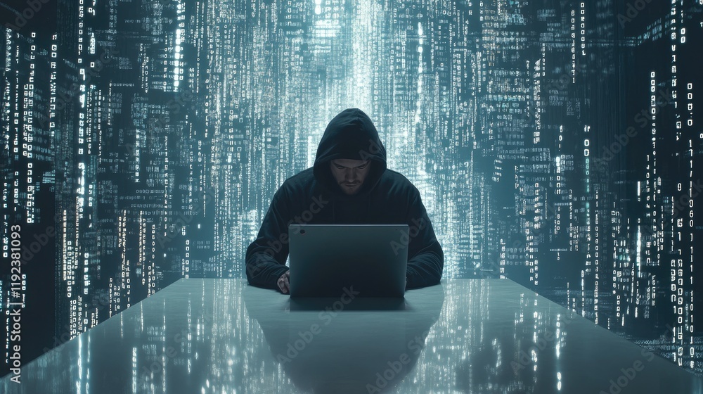 Poster the enigma of the hacker: a hooded figure hunches over a laptop, immersed in a world of digital code