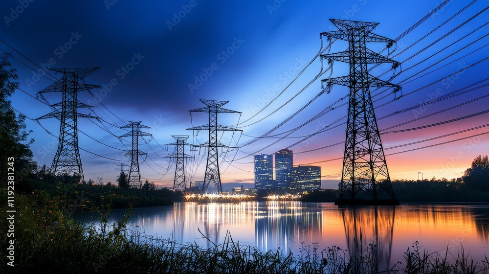 Poster peak energy demand visualization urban power grid image showcase evening setting cityscape perspecti