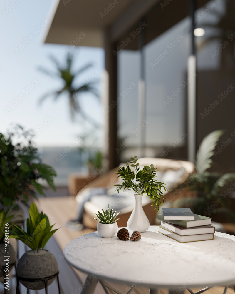 Aufkleber a close-up of a round table with decorative objects on a balcony with a stunning beach view.