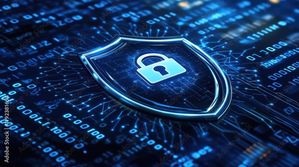 Poster cybersecurity shield: a glowing blue shield with a padlock, symbolizes data protection, online secur