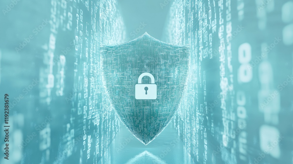 Poster cybersecurity shield: a futuristic and abstract digital representation of a shield with a padlock, s
