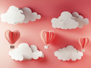 Paper Art Heart Balloons Floating Among White Clouds on a Pink Background