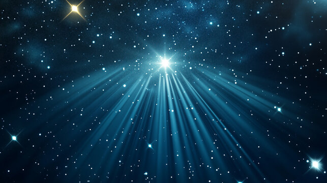An open book with glowing pages and starlight streaming into the sky, against a dark celestial backdrop