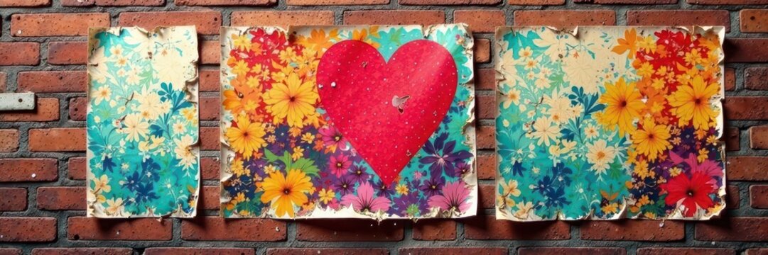 Torn posters on brick wall, urban decay textures, distressed, dirty, aged