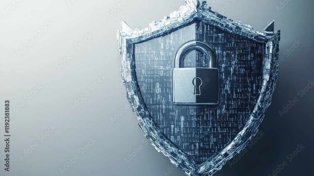 Aufkleber cybersecurity shield: a strong, silver shield with a closed padlock at its center stands guard over 