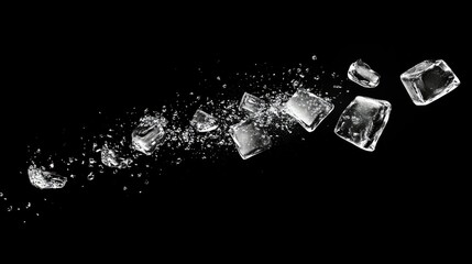 "Frozen Splash: Ice Cubes and Water Particles in Motion"