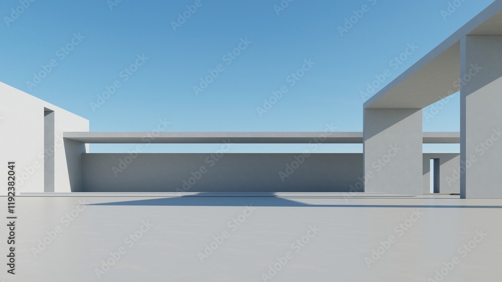 Poster 3d render of abstract modern architecture with empty cement floor, minimal exterior, car presentatio