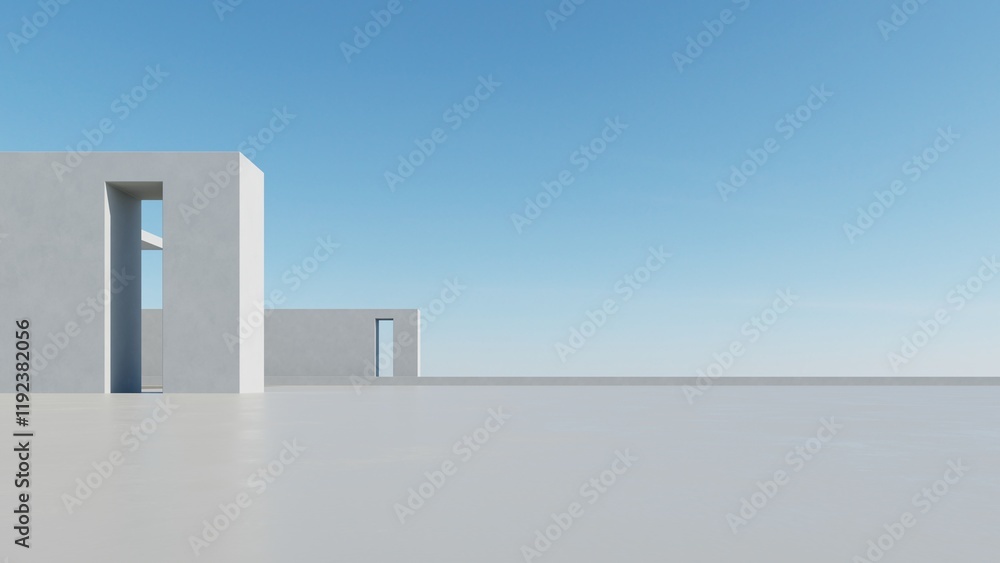 Poster 3d render of abstract modern architecture with empty cement floor, minimal exterior, car presentatio