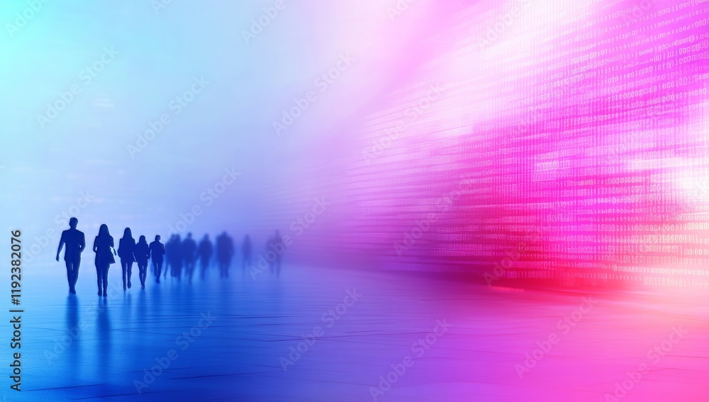Poster digital background of silhouetted people walking against abstract digital wall with binary code