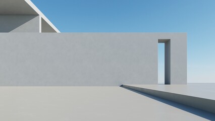 3d render of abstract modern architecture with empty cement floor, minimal exterior, car presentation background