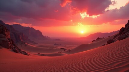 Naklejka premium Crimson Desert Sunset A Vibrant Panorama of Sand Dunes and Rugged Mountains Silhouetted Against a Fiery Sky