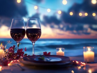 A beautifully arranged dinner table for two by the sea, adorned with soft candlelight, delicate flowers, and string lights under a starry sky. Perfect for romantic dates or special celebrations