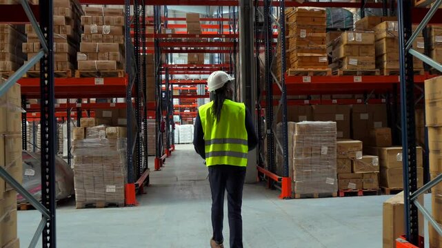 Logistics operator walking and scanning packages in warehouse