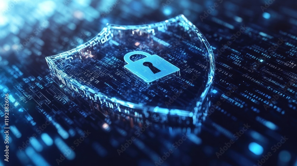 Aufkleber cybersecurity shield: a futuristic, crystalline shield with a glowing padlock emblem sits atop a com