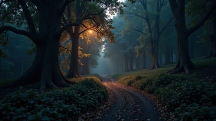 Obraz premium Mystical Forest Path at Dawn A Serene Dirt Road Winds Through Ancient Trees, Bathed in the Soft Glow of Emerging Sunlight, Creating an Enchanting Atmosphere