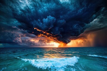 Naklejka premium Sunlight breaking through dark storm clouds over the ocean dramatic seascape nature photography turbulent atmosphere wide angle hope and resilience