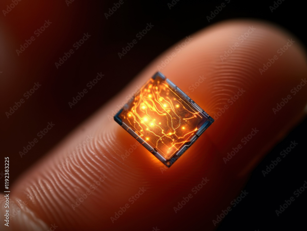 Poster tiny microchip held delicately on a fingertip showcases advanced technology in close-up