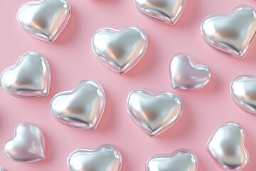 Shiny silver hearts scattered on a soft pink background, creating a whimsical and romantic vibe.