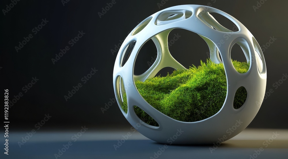 Poster white geometric tech product with moss growing inside, sphere with intricate network design