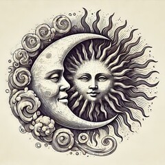 Moon and Sun . Ancient Retro . sketch ink pencil style drawing, , hand-drawn vintage illustration . Engraving style illustration.