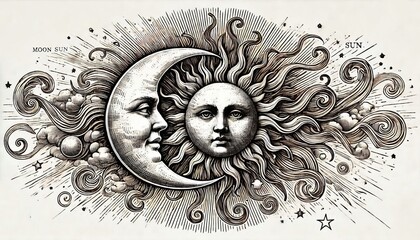Moon and Sun . Ancient Retro . sketch ink pencil style drawing, , hand-drawn vintage illustration . Engraving style illustration.
