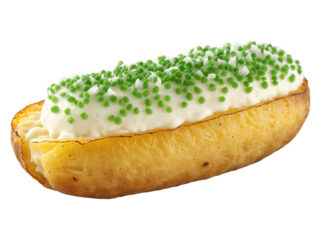 Twice Baked Potatoes, crispy skins, fluffy whipped filling, sprinkle of chives, isolated on transparent