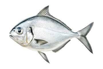 Fototapeta premium A silver Pomfret fish with striking details of fins and scales isolated on white Transparent background. Represents aquatic life and marine biology