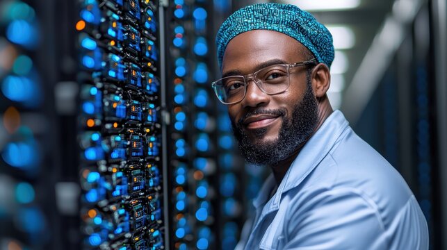 African male technician in data center managing servers
