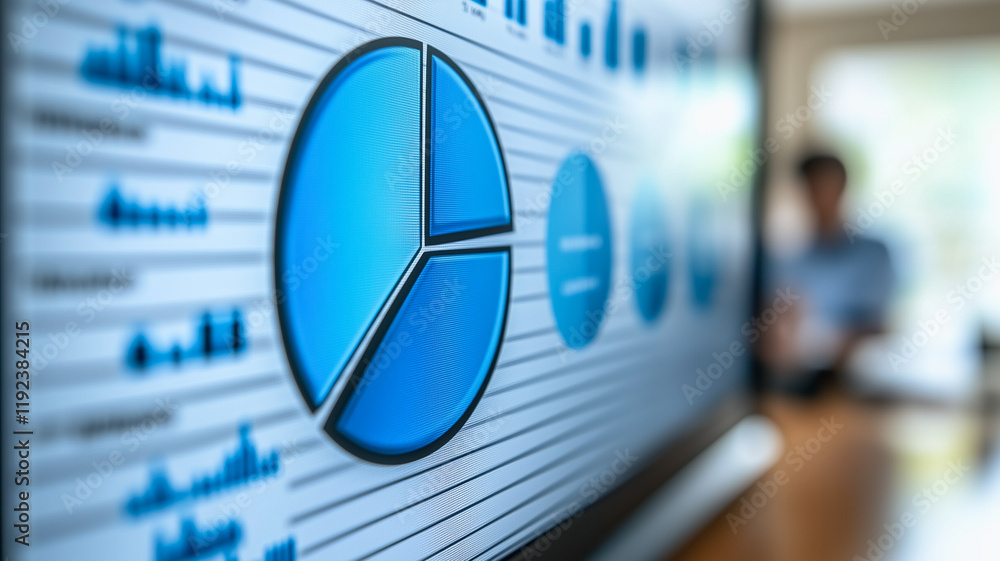 Poster data-driven decisions: a close-up shot of a large monitor displaying a pie chart and other data visu