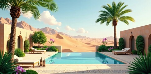 Fototapeta premium Desert Oasis Poolside Relaxation Luxurious Courtyard with Infinity Pool and Breathtaking Sand Dune Views