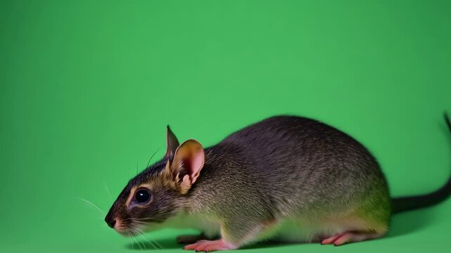 Walking pet rat isolated on a green screen. Gray mouse sniffing the air, eating, looking at camera on green background. Wild Animal on chroma key backdrop. Wildlife, games, 3d animation. Brown Rattus