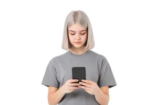 A young woman with short blonde hair is focused on her smartphone, wearing casual gray t shirt against transparency background
