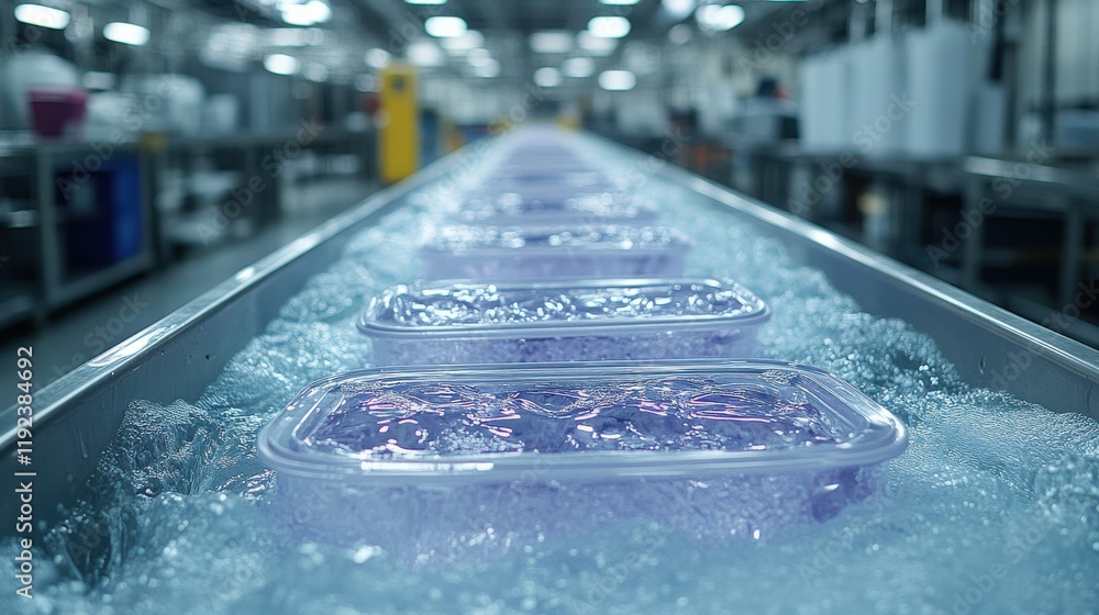 Poster industrial food processing line showing plastic containers floating on water with bubbles in a moder