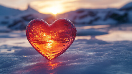 Heart-shaped ice sculpture reflecting sunlight during Valentine's Day celebration