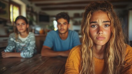 Fototapeta premium Young caucasian teens in a cozy rustic kitchen setting looking thoughtful