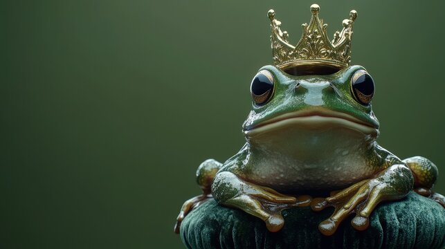 Majestic green frog wearing a golden crown, sits regally on a plush green cushion against a dark green background.  A whimsical, fairytale image.