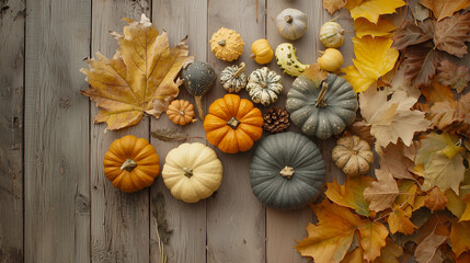 A collection of autumnal elements like pumpkins, gourds, and dried leaves arranged on a wooden table, with muted oranges, yellows, and browns, evoking warmth and nostalgia of the fall season.