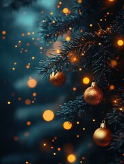 Christmas tree branch with ornaments, lights, and bokeh background at twilight