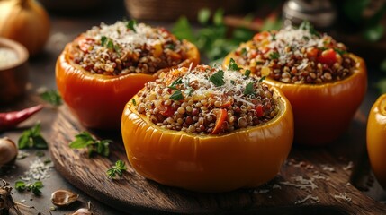 Stuffed bell peppers with lentils quinoa herbs Parmesanstyle