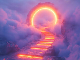 Mystical pathway leading to glowing portal in clouds during twilight