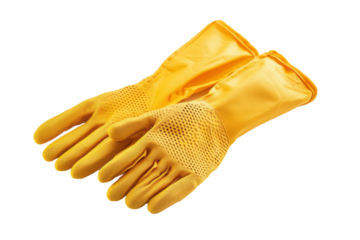 Bright yellow cleaning gloves resting on a white surface after a thorough household cleaning session