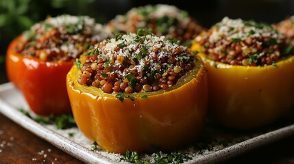 Stuffed bell peppers with lentils quinoa herbs Parmesanstyle