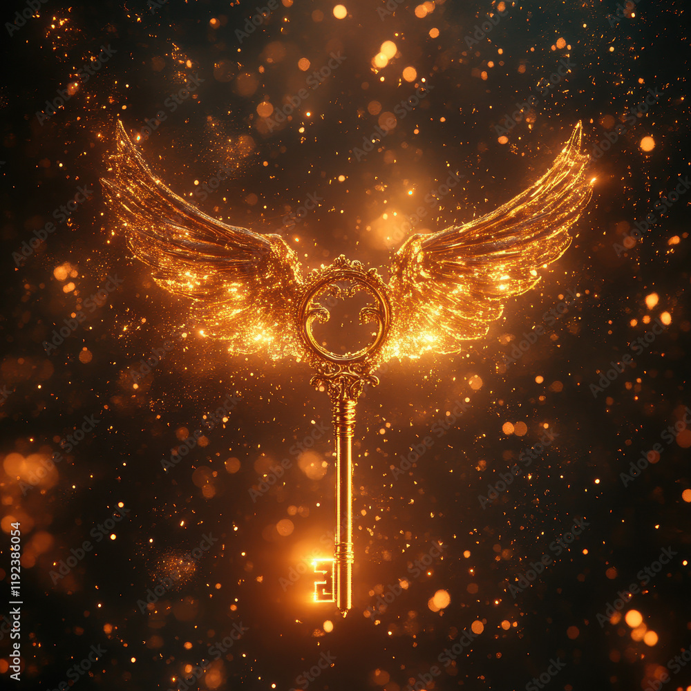 Poster Golden key with wings surrounded by glowing particles in a mystical setting