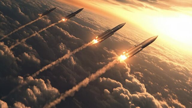 Multiple ballistic missiles soar through clouds at sunrise, leaving fiery trails across the sky. A dramatic scene highlighting advanced military technology, precision, and power in action.